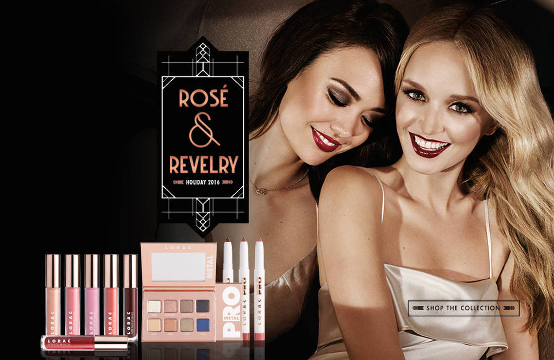 Lorac beauty campaign featuring two women in silk dresses with the makeup collection